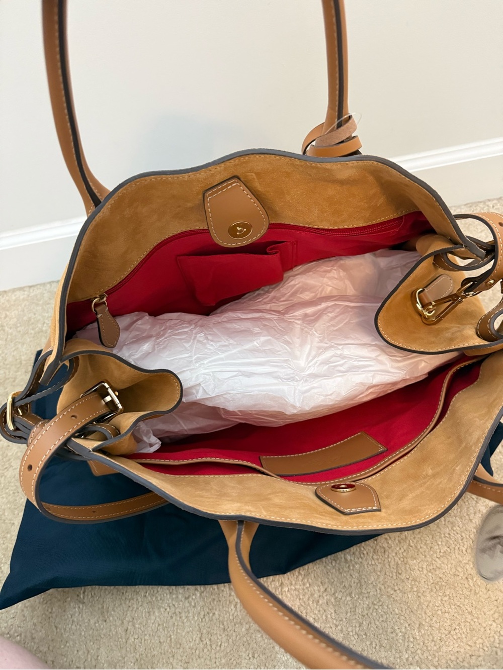 NWT Boldrini Selleria Italian Leather & Suede Satchel Tote Bag in Cognac/Tan - Picture 3 of 7
